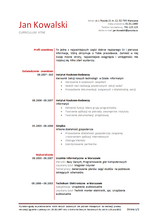 przykład CV